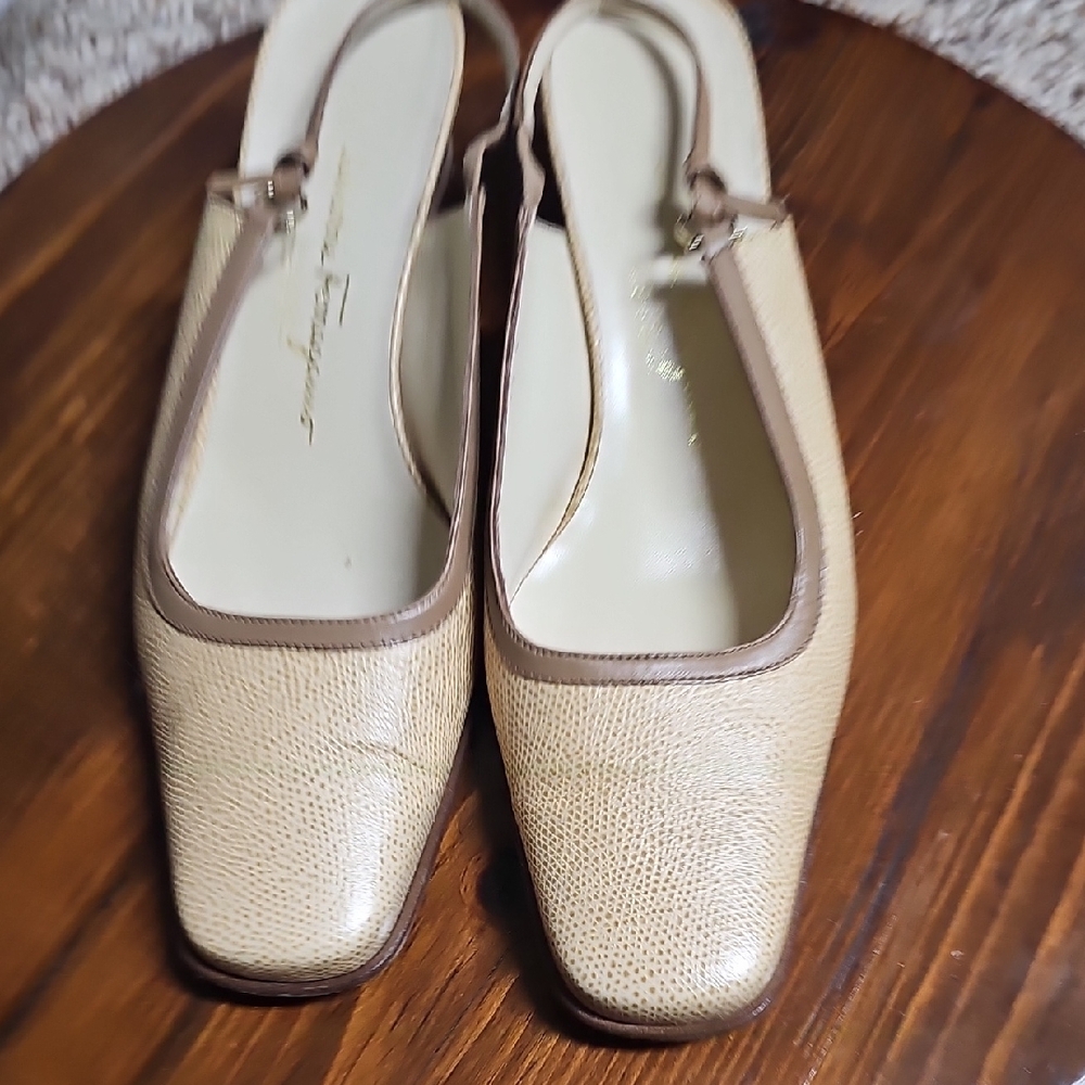 Salvatore Ferragamo Cream and Brown Flats